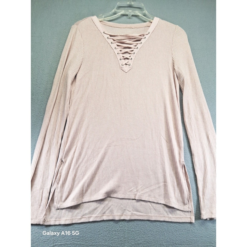 Seriously Soft‎ Aero Women Pink Lace Up Knit Sweater Size Medium